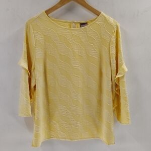 Chico's Pullover Yellow Blouse Size 12 Applique Stripe Ruffle Sleeve